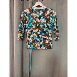 Women's Talbots Merino Wool 3/4 Sleeve Floral Colorful Blouse Medium